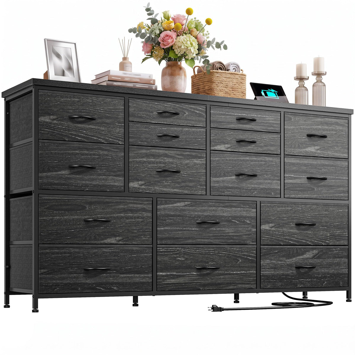 Black 16 Fabric Drawer Dresser with TV Stand P4408