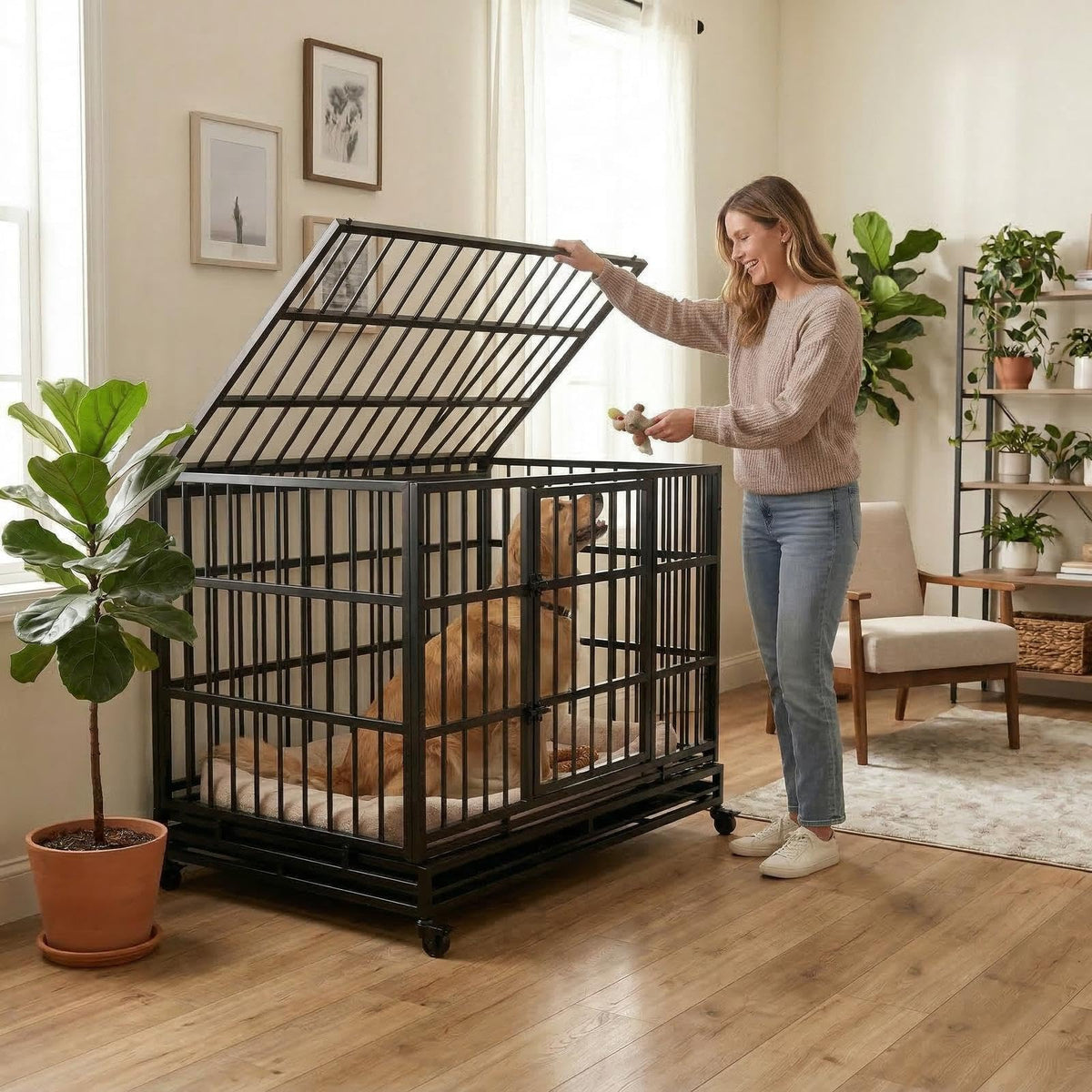 48 Inch Heavy Duty Metal Folding Dog Crate with Wheels and Double Doors T862