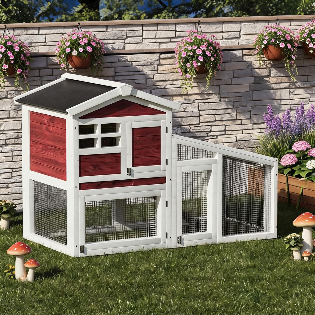 2-Tier Wooden Rabbit Hutch with Run B916716