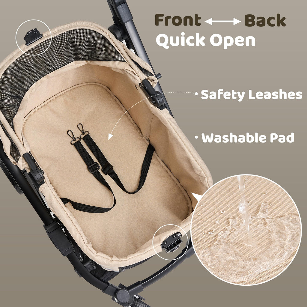 All-Terrain Dog Stroller, One-Hand Fold, Anti-UV Waterproof Canopy, Vanilla Beige W1830