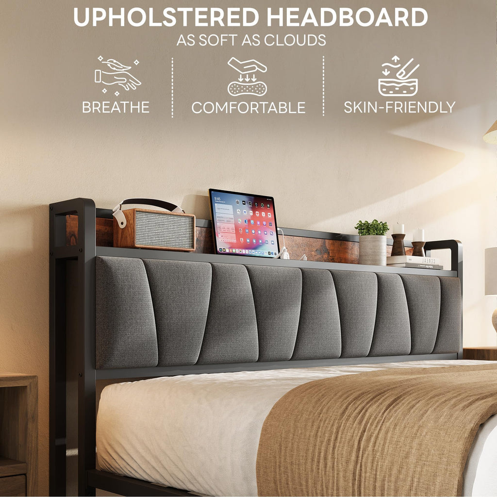 Queen Size Bed Frame with Storage Headboard and Charging Station G995617