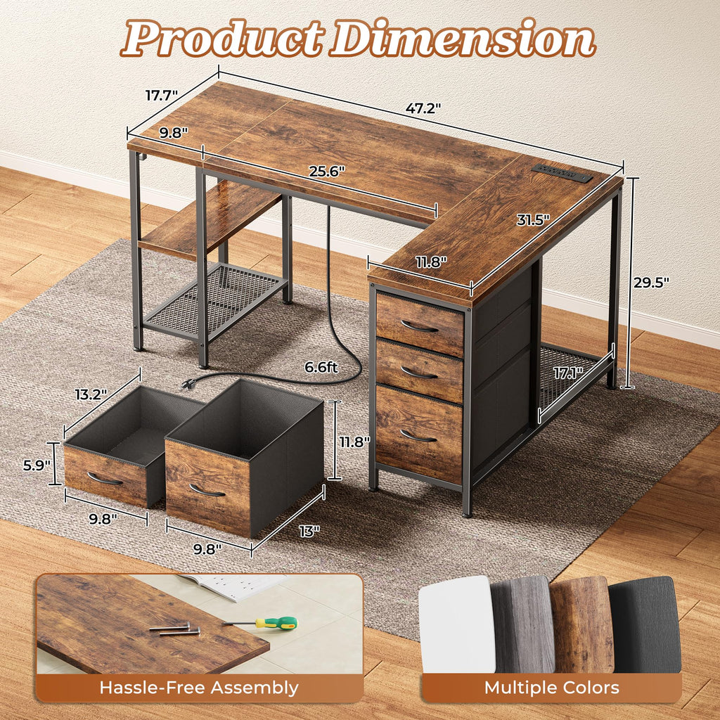 47.2'' L Shaped Office Desk with 3 Drawers F72990