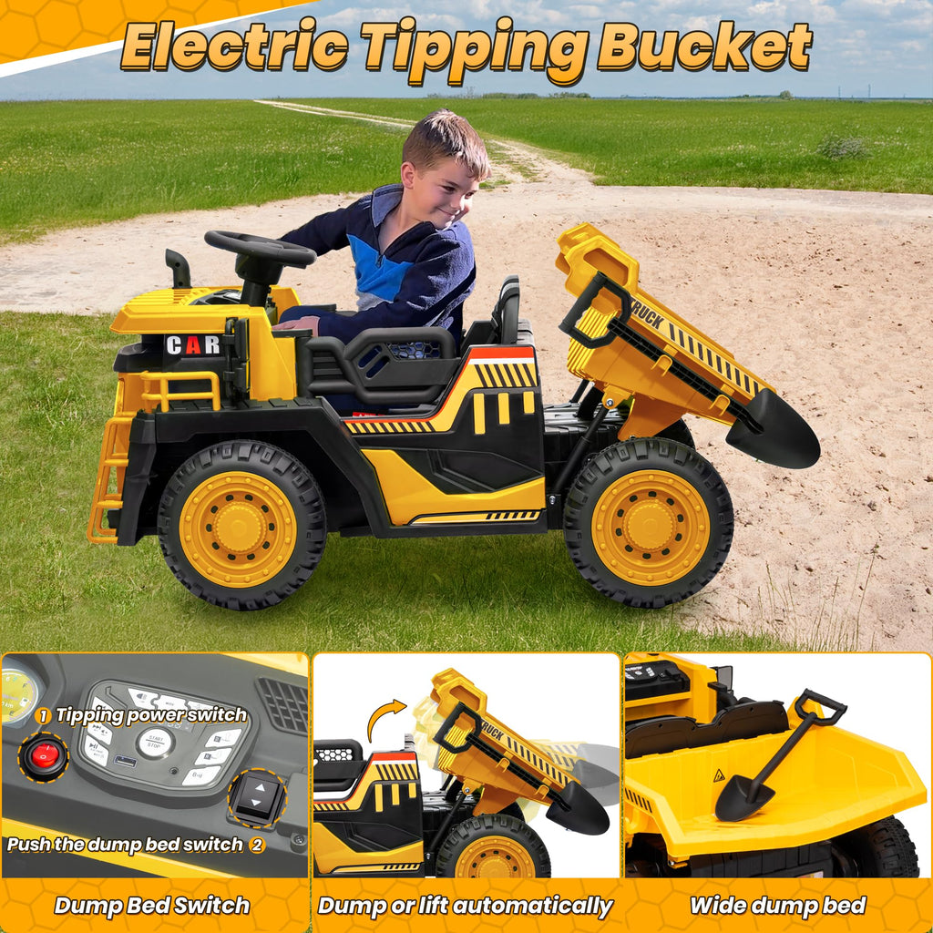 24V 2 Seater Ride on Dump Truck with 400W Motors, Yellow A7352