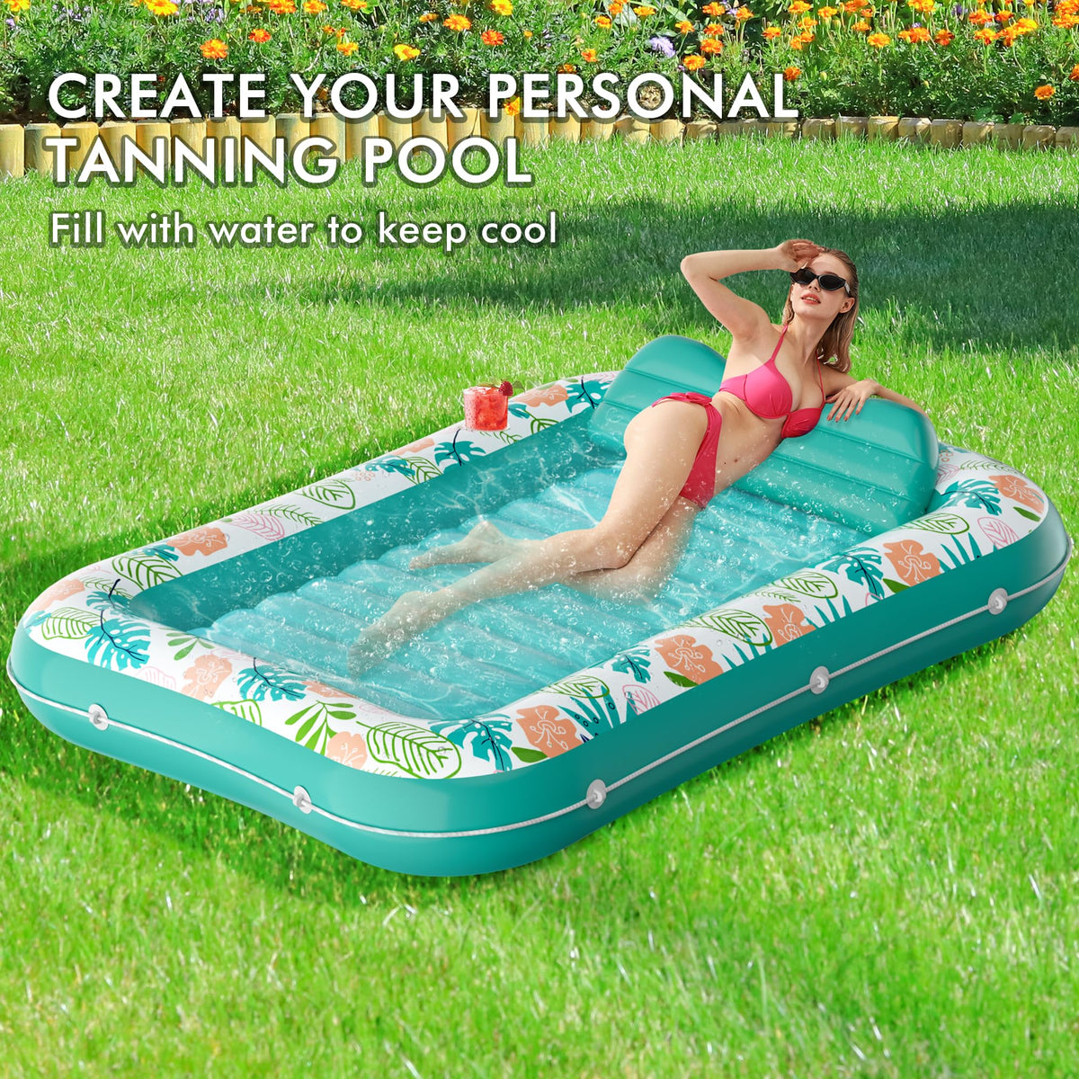 Inflatable Tanning Pool Lounger Float with Pillow & Cup Holder, 2 Pack Q7953